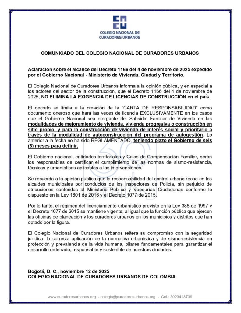 Comunicado del Colegio Nacional de Curadores Urbanos sobre el Decreto 1166 de 2025 aclaración sobre licencias de construcción en Colombia